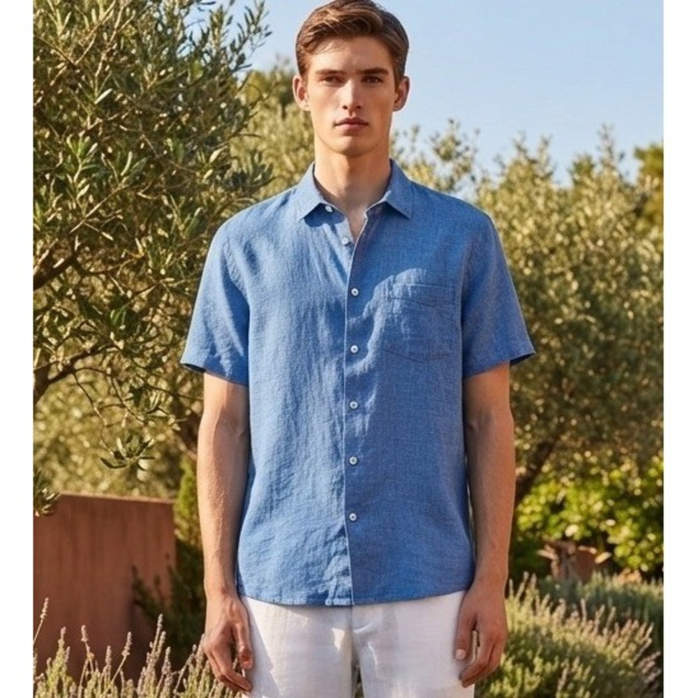 Richards 100& Linen Button Down Shirt Mens Size 5 Blue  Short Sleeve Pocket EUC
